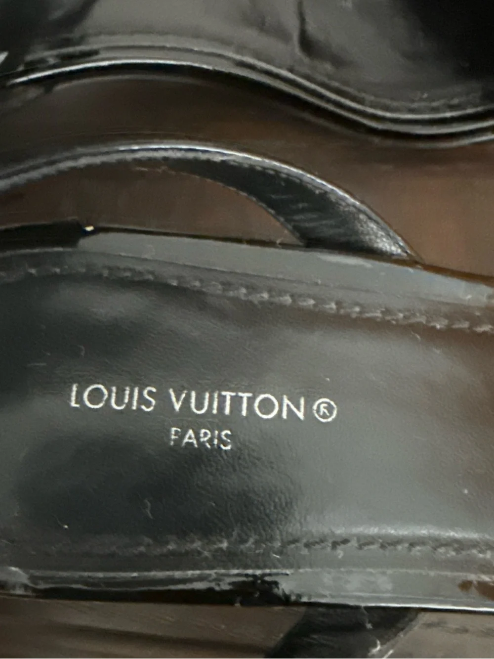 Louis Vuitton Black Patent & Monogram Link Sandals